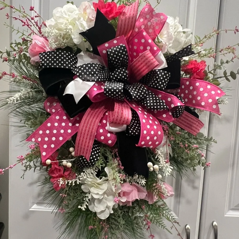 Festive Pink and Black Polka Dot Holiday Wreath